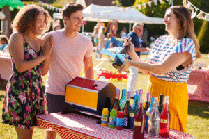 A couple win a prize of a bottle from a tombola